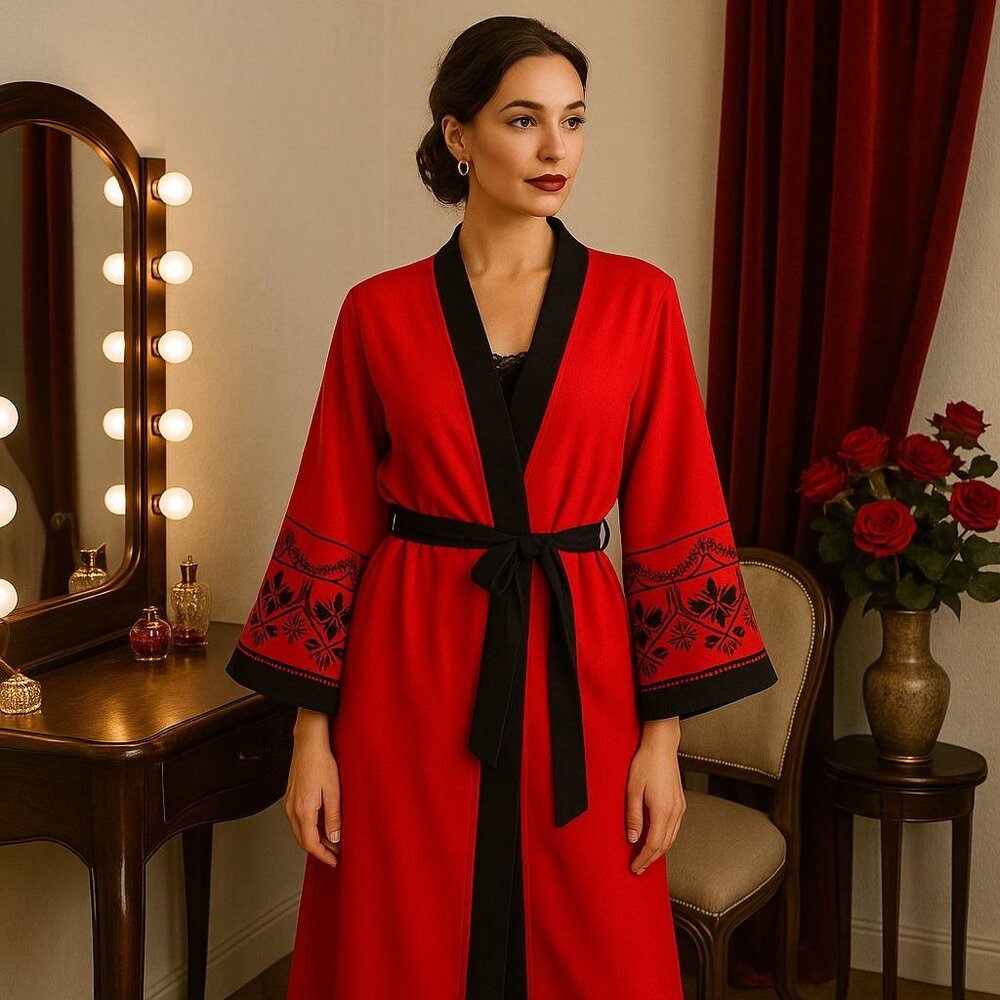 Miss Elaine Luxury Red Robe Kimono M Petite Black Embroidery Belted Waist VTG 70